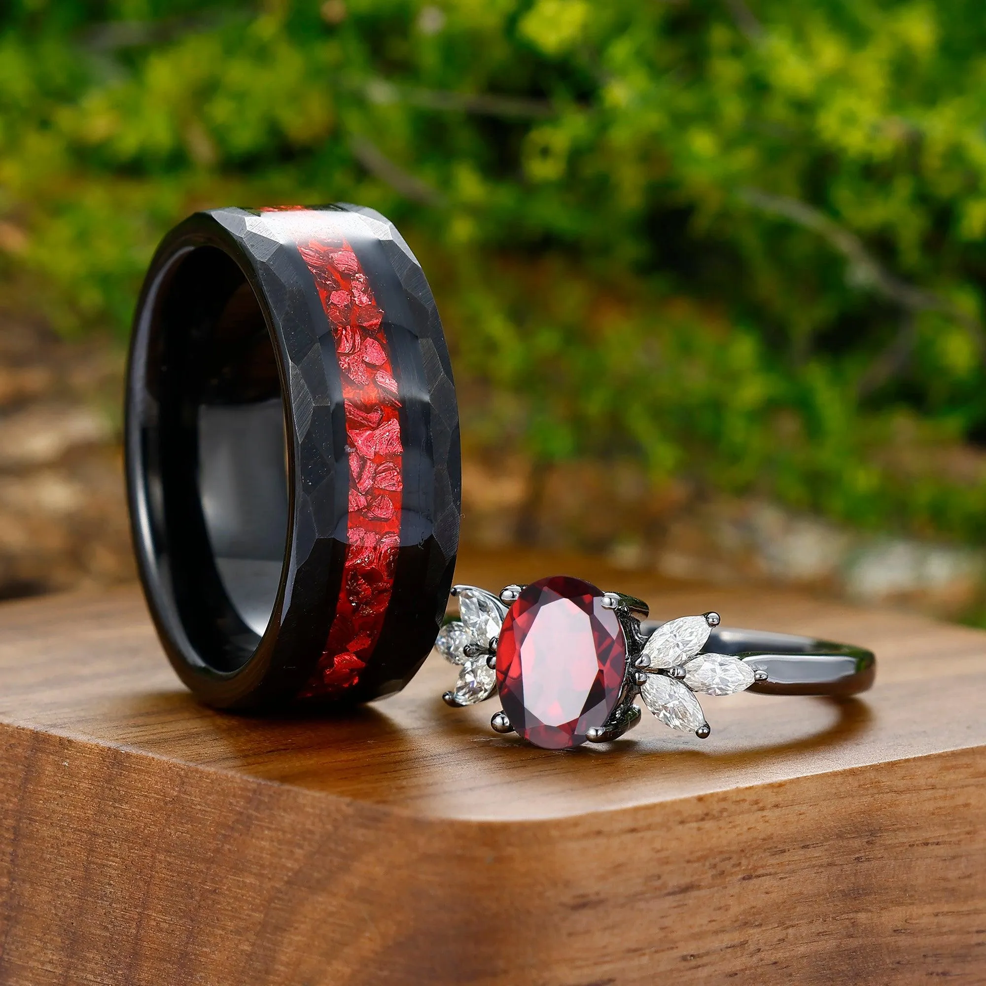 1.5CT Oval Cut Red Garnet Engagement His and Hers Wedding Band Silver And Tungsten Matching Ring