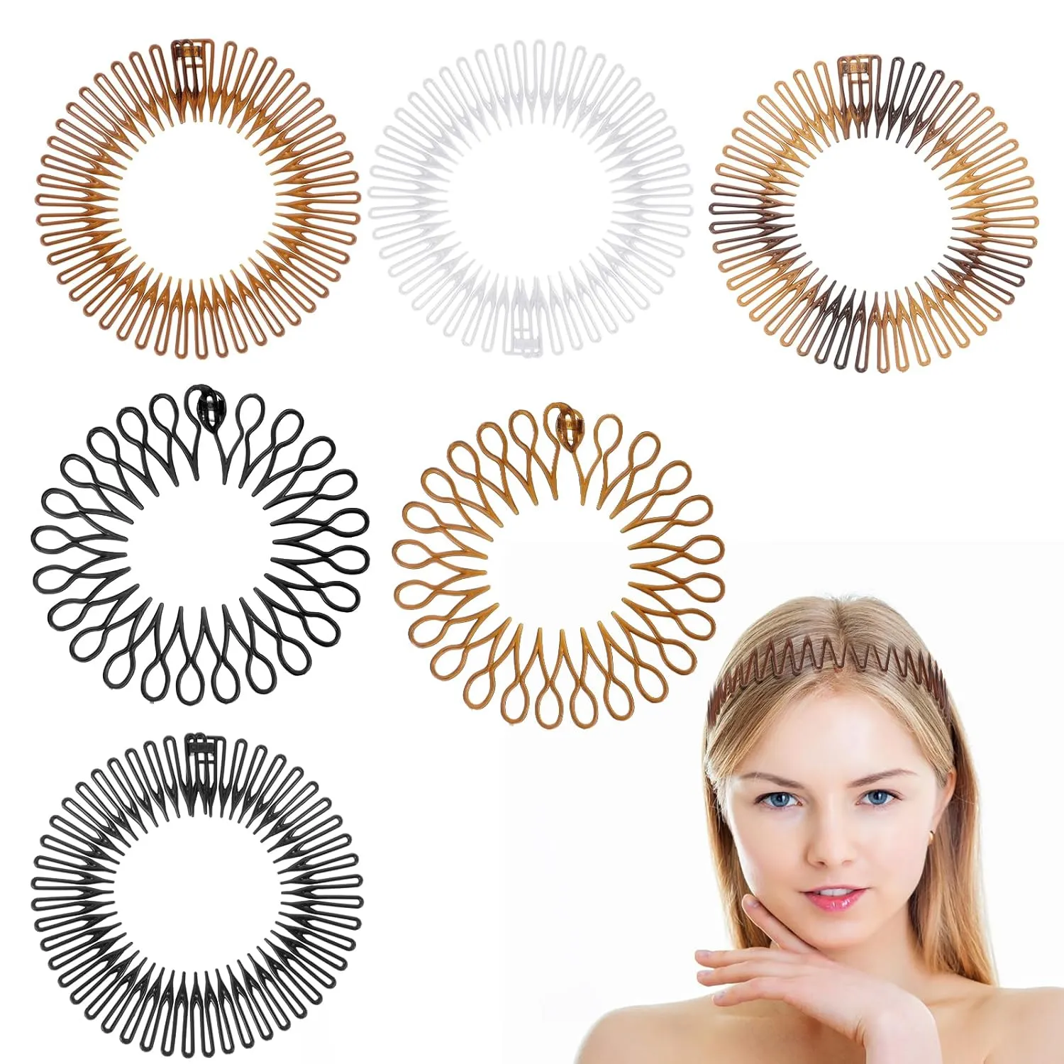 6PCS Full Circular Stretch Comb Headbands, Flexible Plastic Circle Comb, Elastic Zig Zag Circle Tooth Headband Hairband Holder for Women Girls Sports Hair Accessories