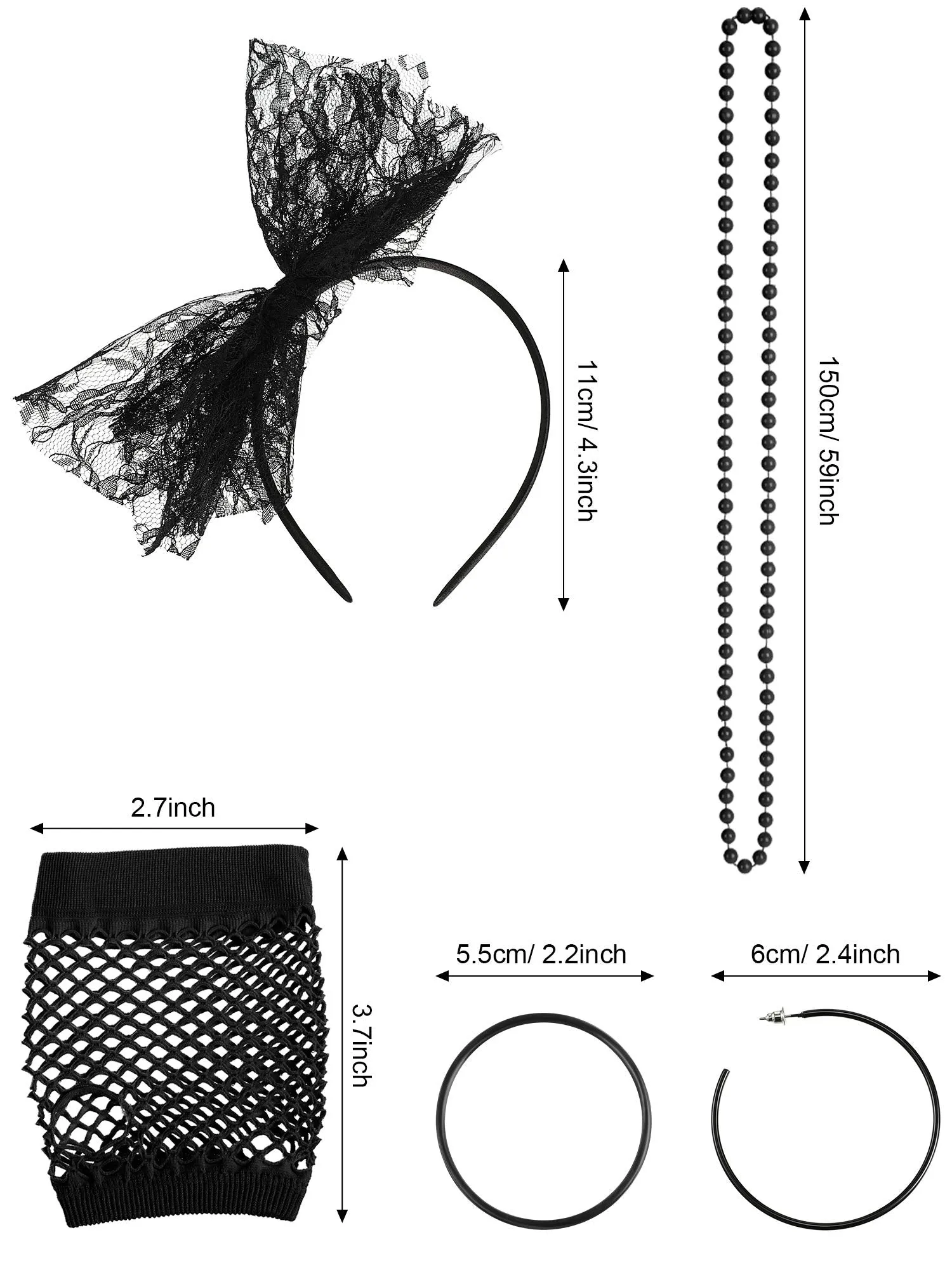 80s Fancy Dress Costume Accessories Lace Headband Earrings Fishnet Gloves Necklace Bracelet for 80s Retro Party (Black) Black