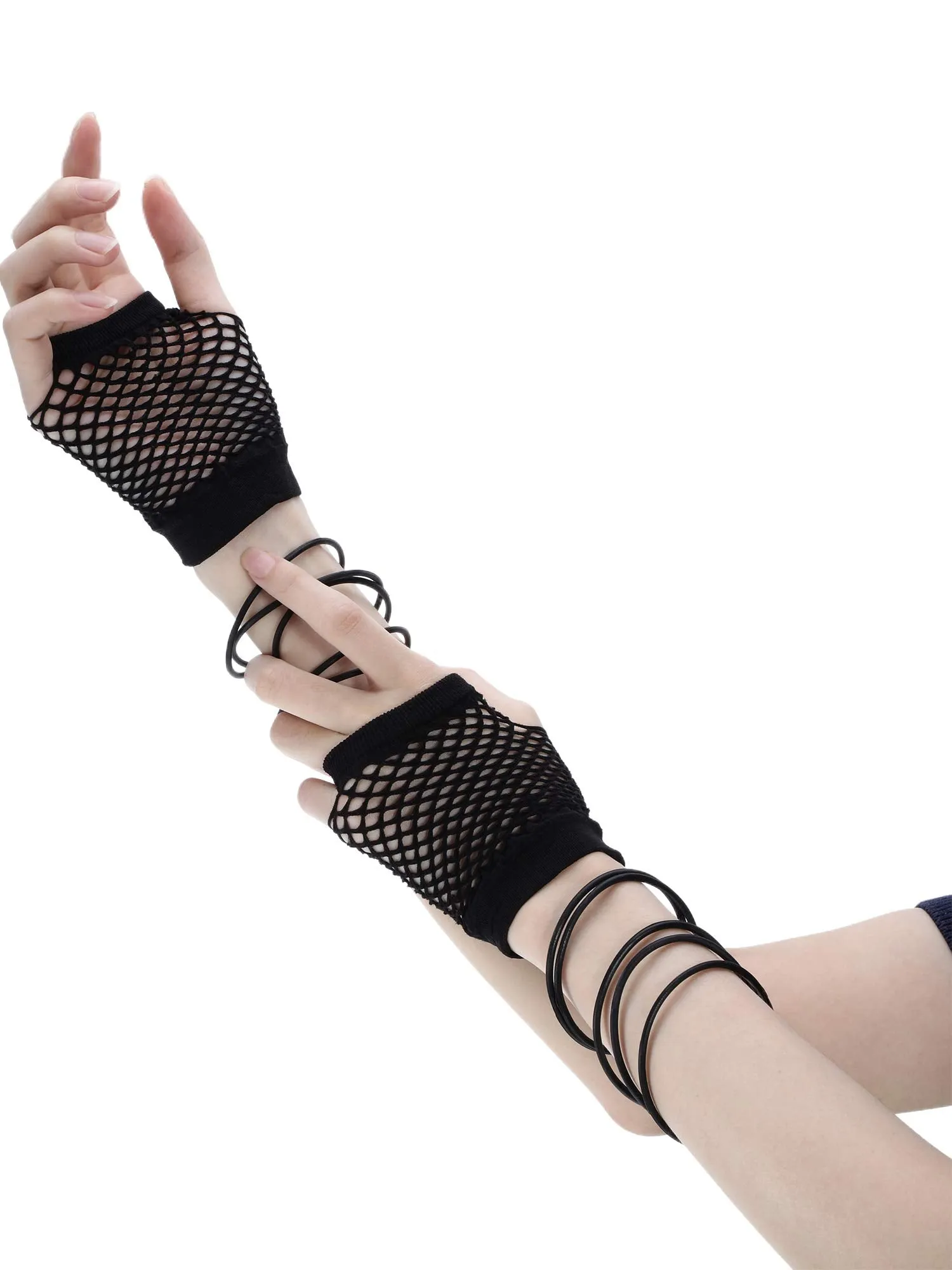 80s Fancy Dress Costume Accessories Lace Headband Earrings Fishnet Gloves Necklace Bracelet for 80s Retro Party (Black) Black