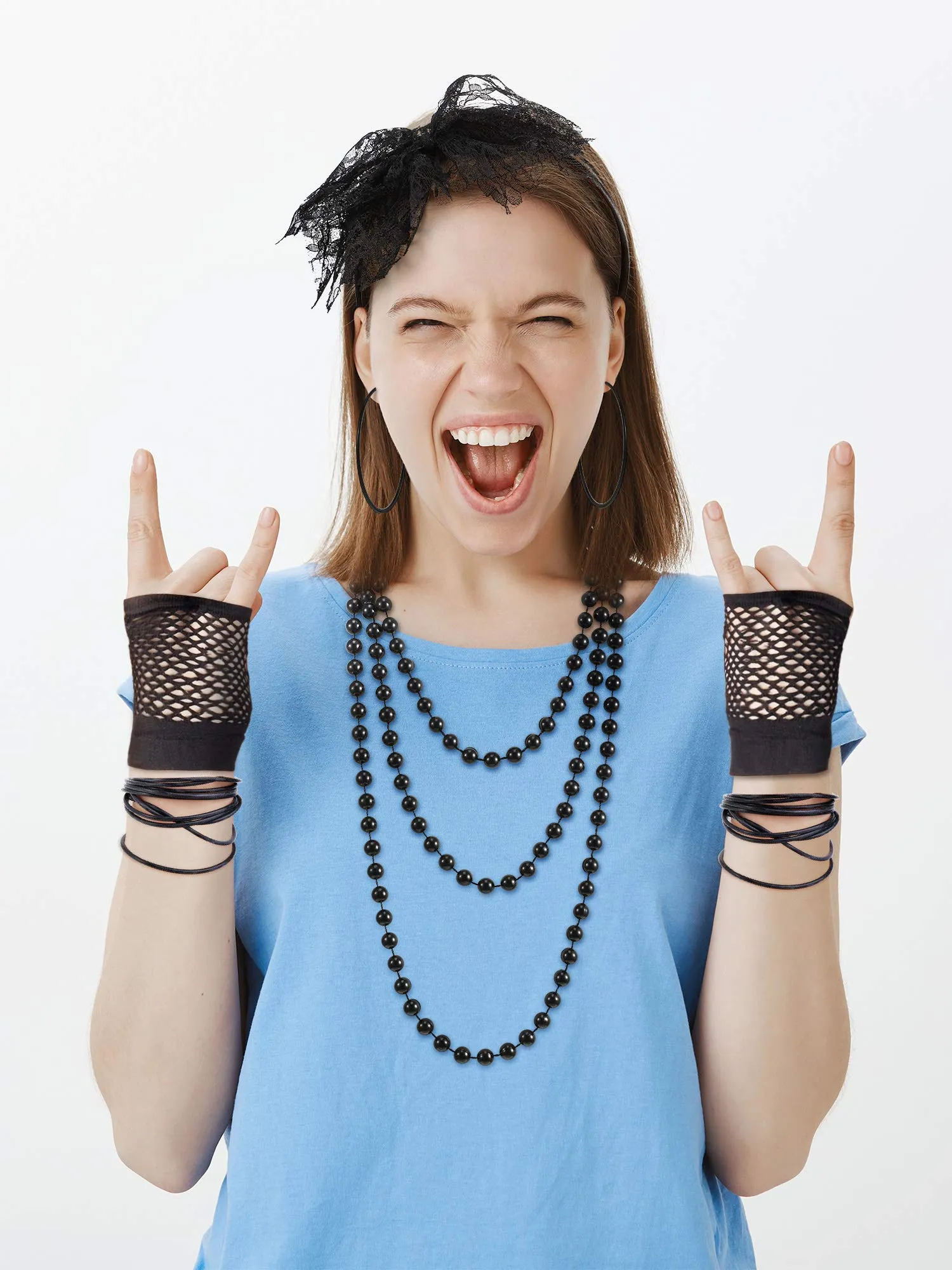 80s Fancy Dress Costume Accessories Lace Headband Earrings Fishnet Gloves Necklace Bracelet for 80s Retro Party (Black) Black