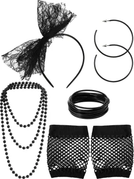 80s Fancy Dress Costume Accessories Lace Headband Earrings Fishnet Gloves Necklace Bracelet for 80s Retro Party (Black) Black