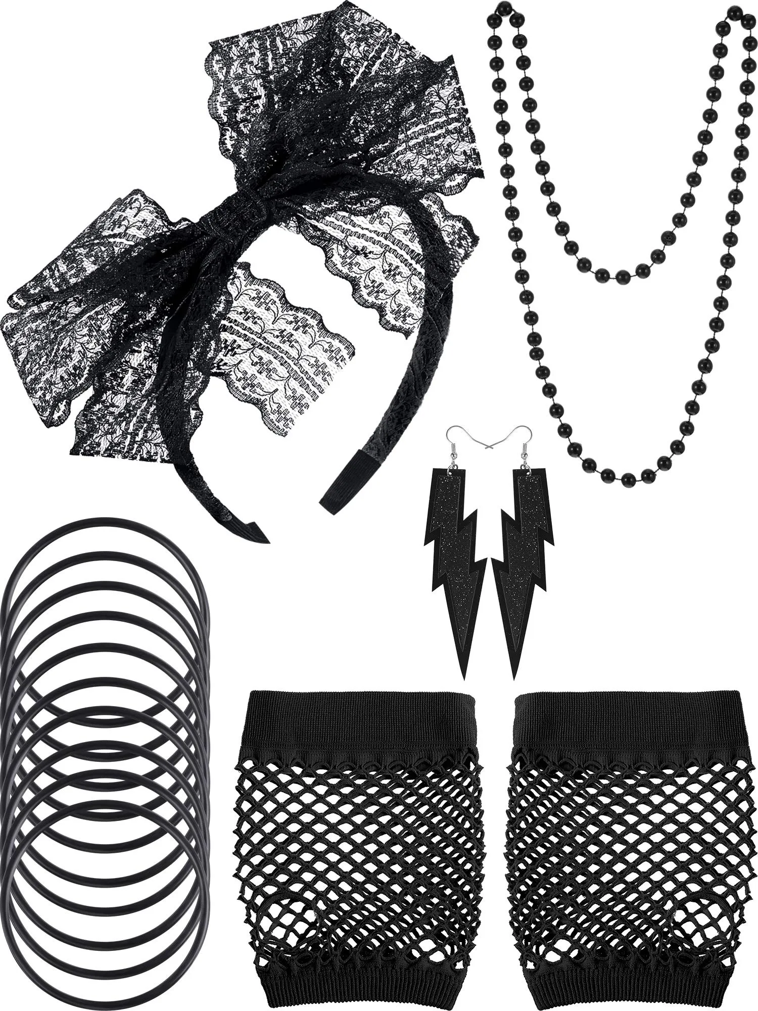 80s Lace Headband Earrings Fishnet Gloves Necklace Bracelet for 80s Party 5 Pieces Black Style a