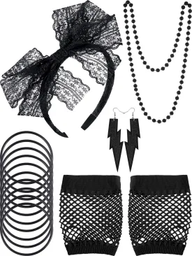 80s Lace Headband Earrings Fishnet Gloves Necklace Bracelet for 80s Party 5 Pieces Black Style a