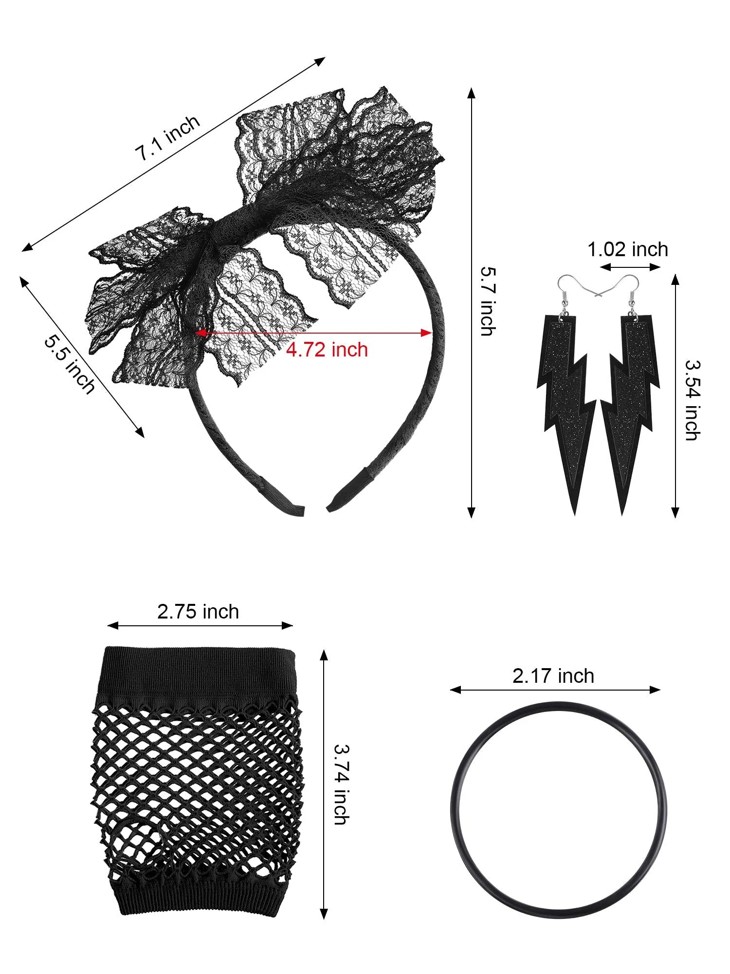80s Lace Headband Earrings Fishnet Gloves Necklace Bracelet for 80s Party 5 Pieces Black Style a