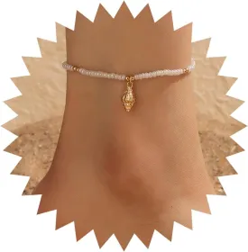 Andelaisi Boho White Seed Bead Ankle Bracelets Gold Conch Dangle Ankle Bracelet Minimalist Conch Shell Chain Anklet White Rice Bead Anklet Foot Chain Vintage handmade Anklet Bracelet Jewelry