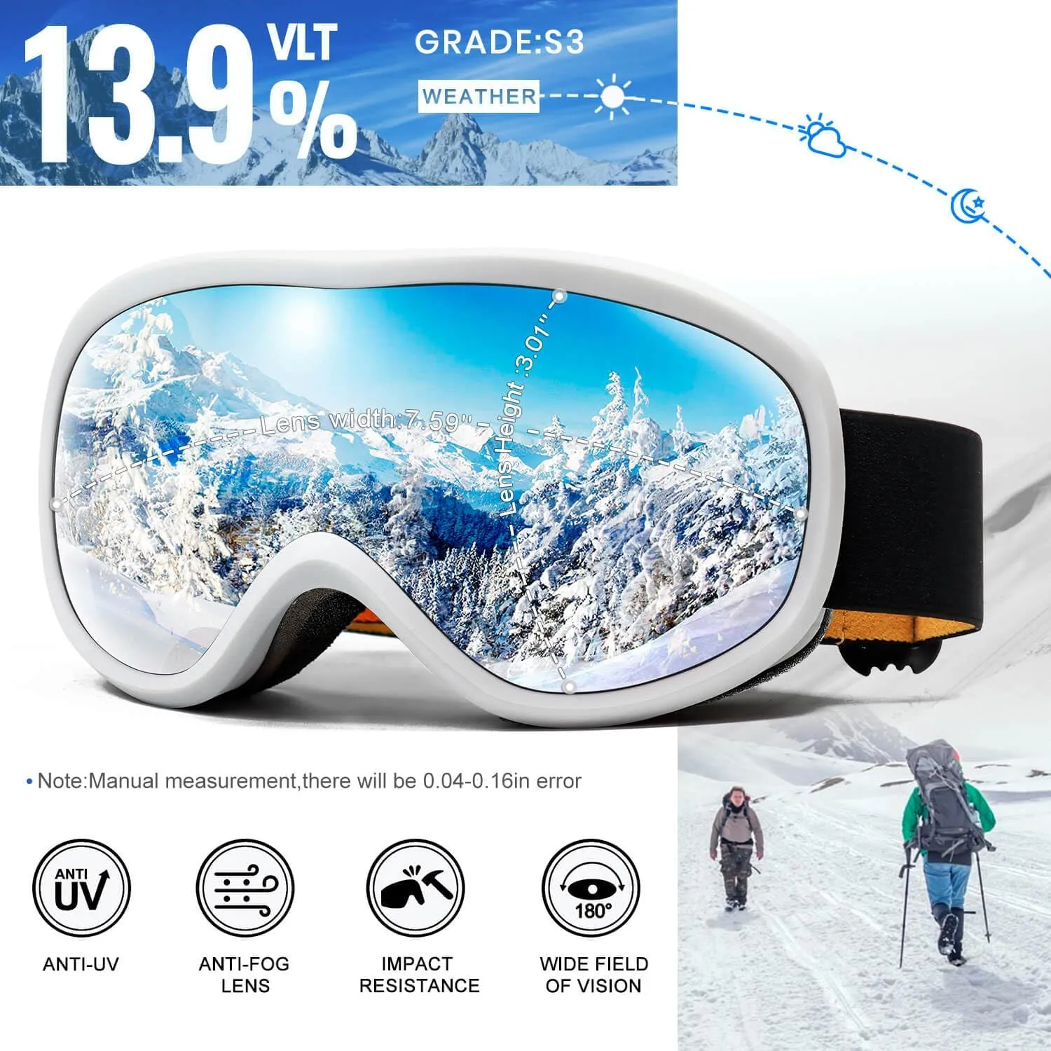 AVV OTG Ski Goggles for Men Women With Anti-Fog Dual Layer lens, UV400 Snow Goggle for Snowboarding Snowmobiling Skating