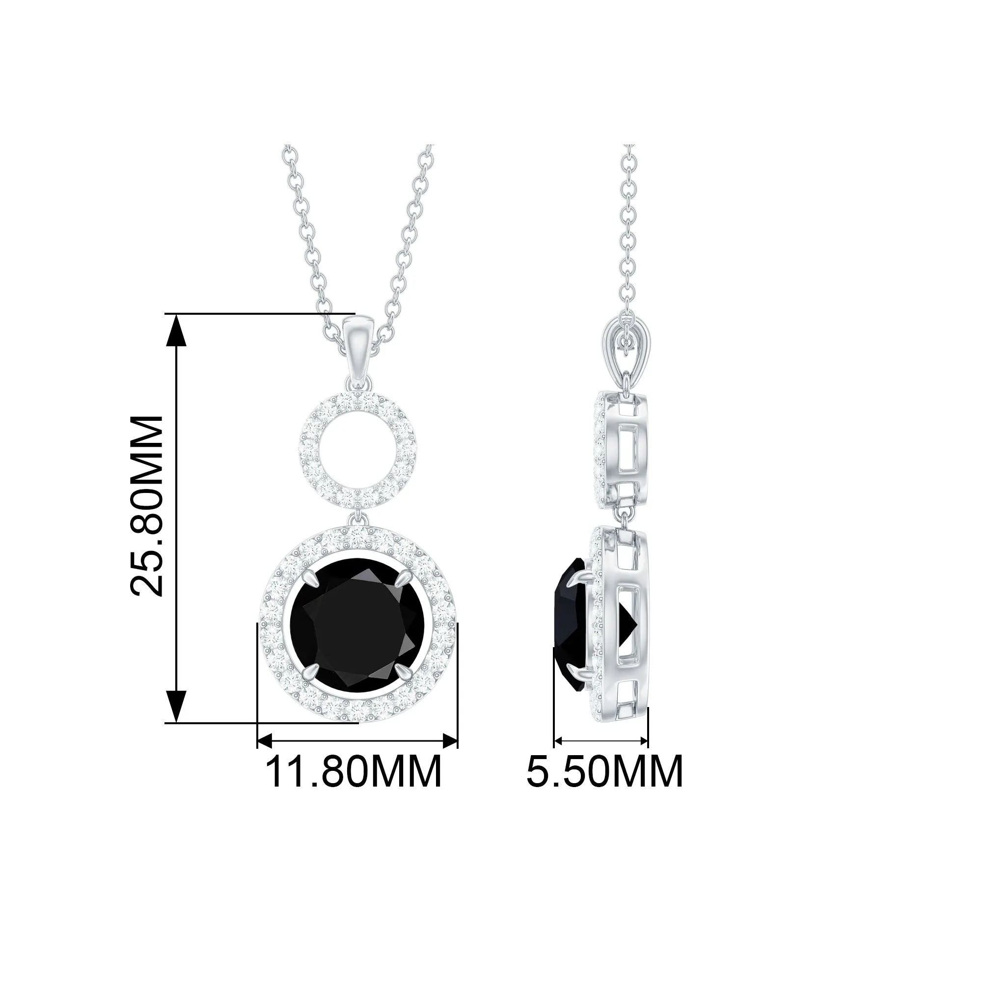 Black Onyx and Diamond Halo Dangle Pendant Necklace