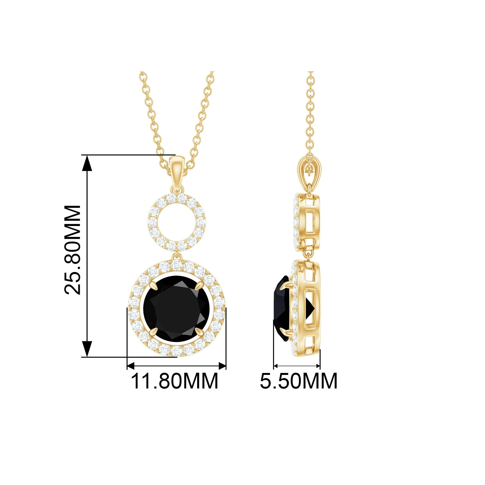 Black Onyx and Diamond Halo Dangle Pendant Necklace