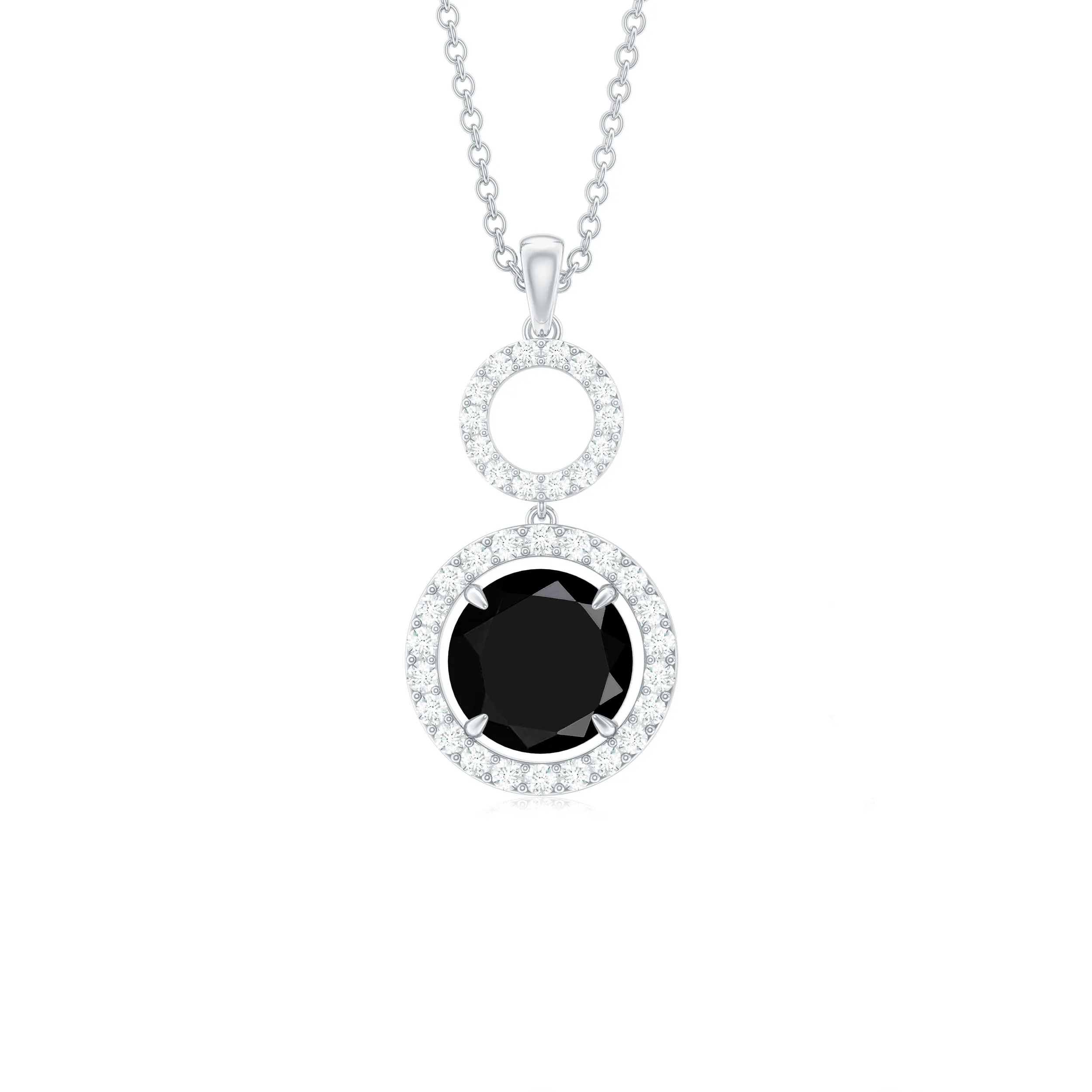 Black Onyx and Diamond Halo Dangle Pendant Necklace