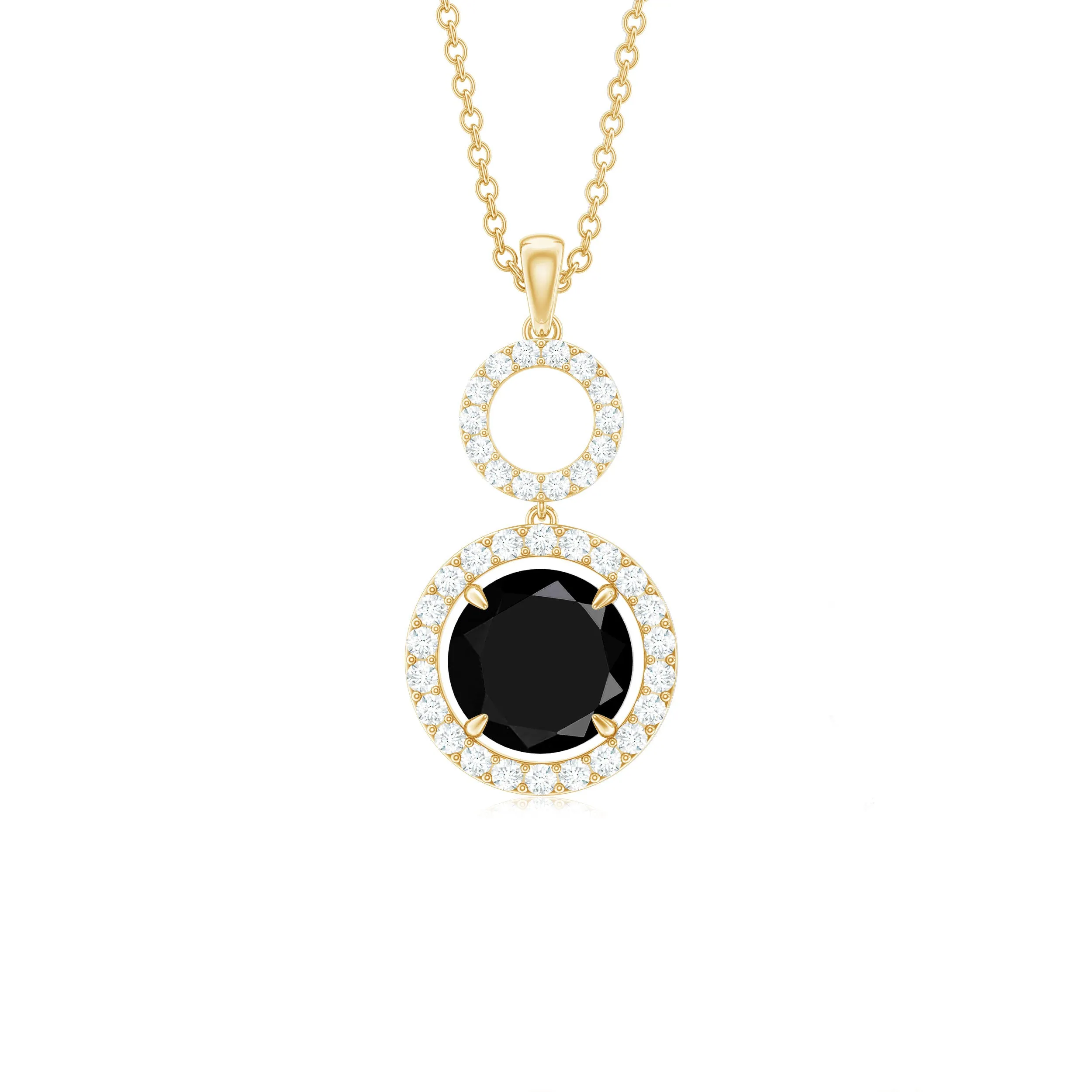 Black Onyx and Diamond Halo Dangle Pendant Necklace