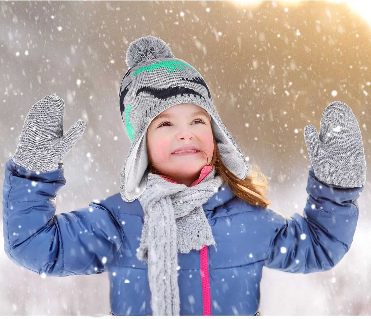 Boys Winter Hat Mitten Gloves Set Toddler Warm Beanie Earflap Baby Knit Fleece Lined Hat