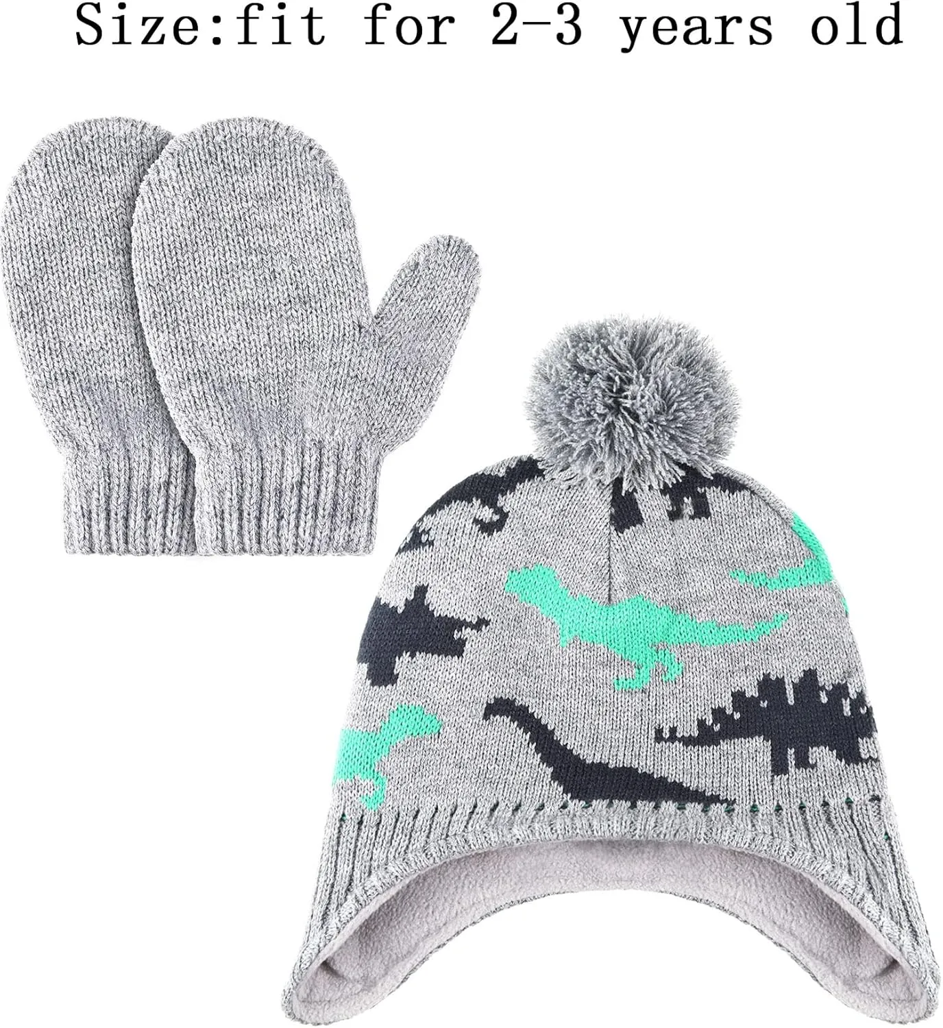 Boys Winter Hat Mitten Gloves Set Toddler Warm Beanie Earflap Baby Knit Fleece Lined Hat