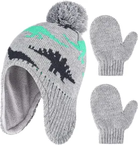 Boys Winter Hat Mitten Gloves Set Toddler Warm Beanie Earflap Baby Knit Fleece Lined Hat