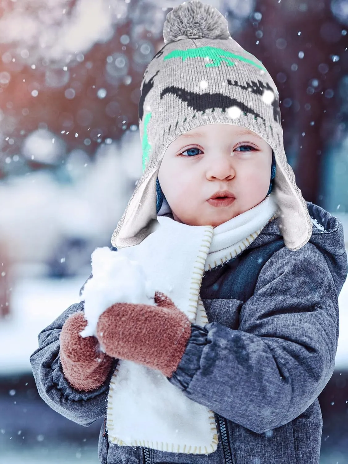 Boys Winter Hat Mitten Gloves Set Toddler Warm Beanie Earflap Baby Knit Fleece Lined Hat