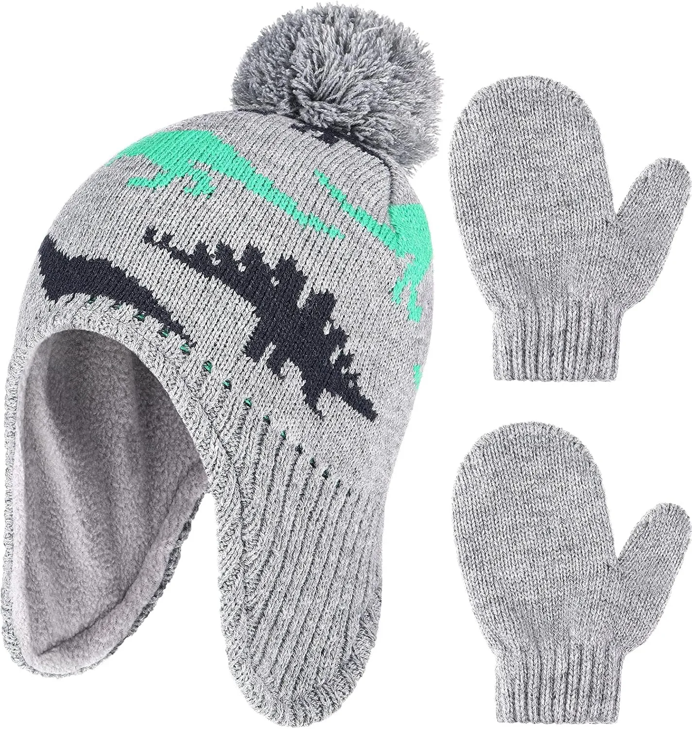 Boys Winter Hat Mitten Gloves Set Toddler Warm Beanie Earflap Baby Knit Fleece Lined Hat