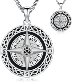 Celtic Knot Compass Pendant Necklace for Women Men, 925 Sterling Silver Charm Compass Necklace Christmas Gifts for Wife Birthday Gifts Graduation Travel Jewelry Gift
