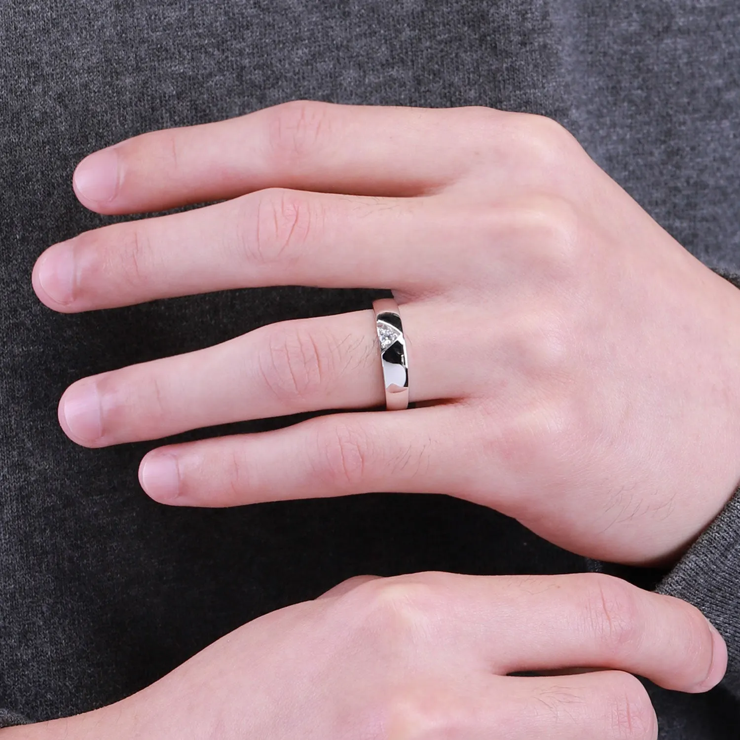 Couple Rings: Silver rhodium plated 4.2 mm 100 cuts CZ embedded band ring
