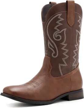 Cowboy Boots for Men Classic Embroidered Western Boots Slip Resistant Square Toe Chunky Heel Ankle Boots Durable and Fashionable Retro Short Boots