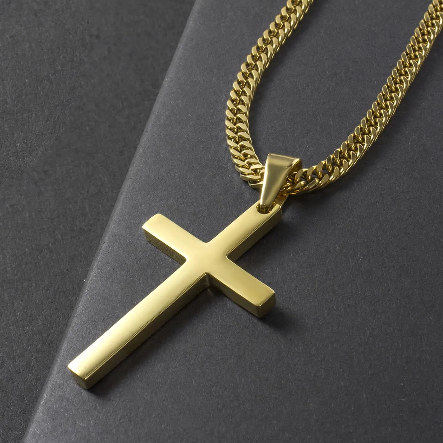Cross Necklace for Men, Silver Gold Stainless Steel Plain Cross Pendant Necklace for Men Cuban Chain 18-26 Inch