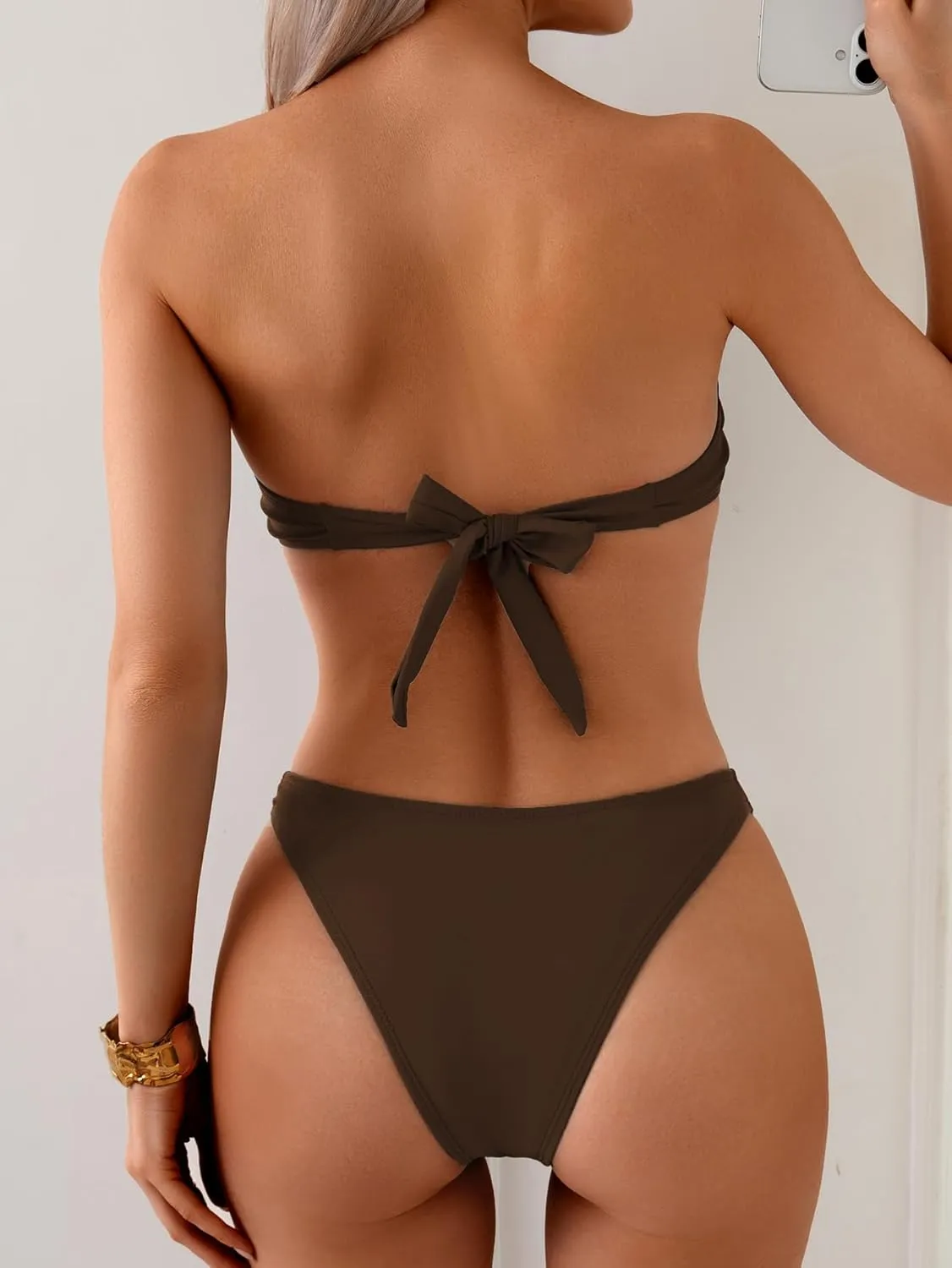 Fanuerg Women's Strapless Bandeau Bikini Sets Ring Tie Back Two Piece Swimsuit High Cut Cheeky Bathing Suits