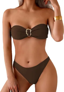 Fanuerg Women's Strapless Bandeau Bikini Sets Ring Tie Back Two Piece Swimsuit High Cut Cheeky Bathing Suits