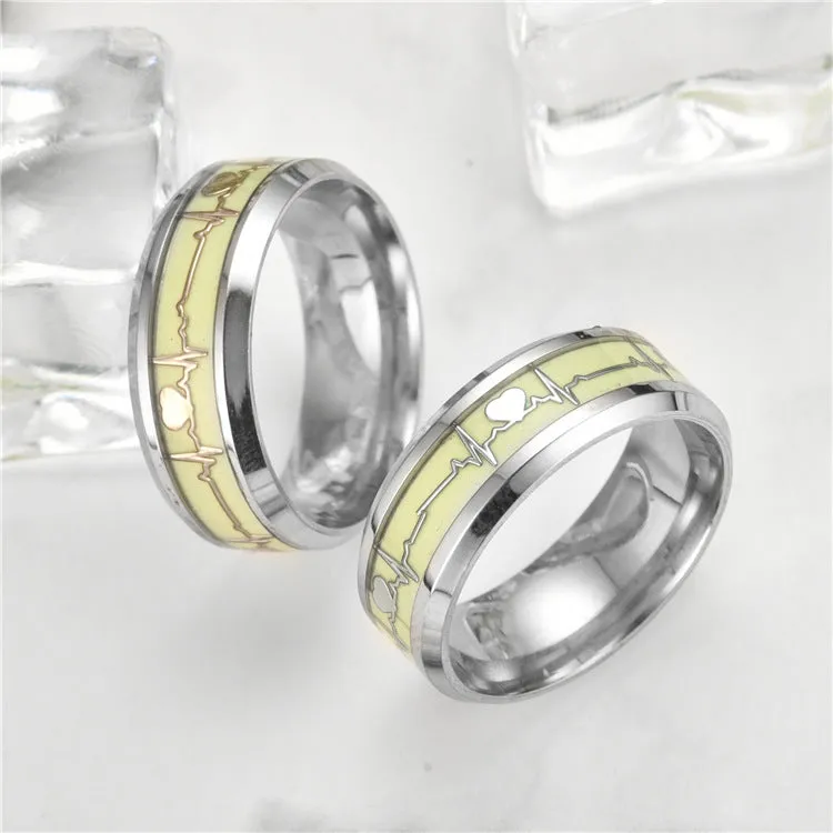 Glow In Dark Heartbeat Matching Rings Set for Two