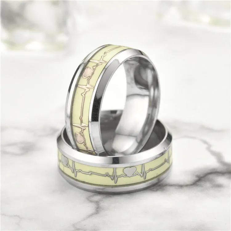 Glow In Dark Heartbeat Matching Rings Set for Two