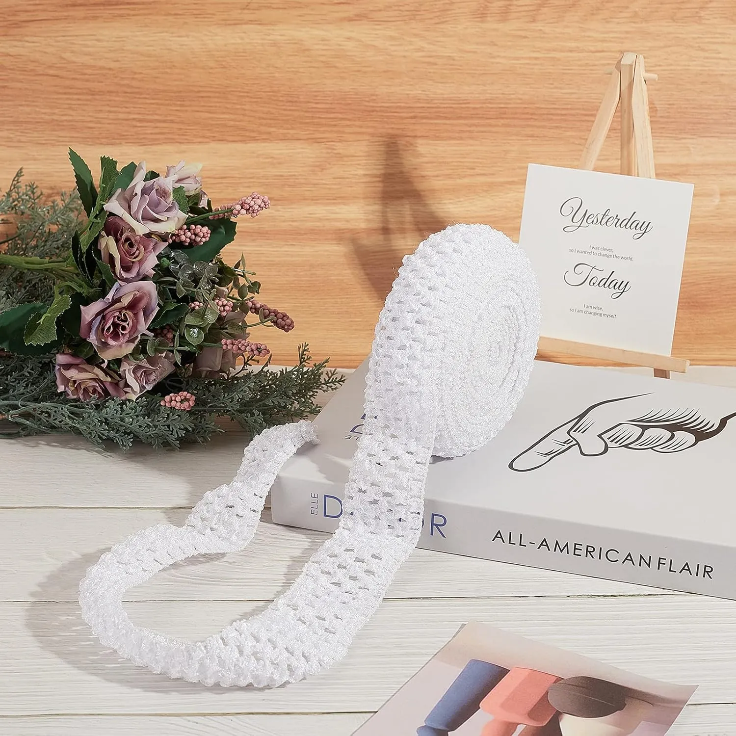 GORGECRAFT 5.5 Yards 1.7" Wide Elastic Crochet Headband Ribbon Crochet Stretch Trim Fabric for Hair Accessories Tube Top, White