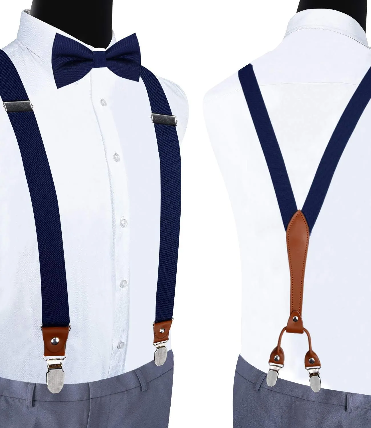 GUSLESON Suspenders & Bowtie Set Men's Elastic Band Suspenders   Bowtie for Wedding, Formal Events