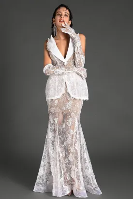 Harrallis V-Neck Lace Mermaid Dress With Gloves