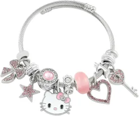 Hello Jewelry Bracelet Charms Braclet, Kawaii Pink Kitty Bangle Women Matching Accessories, for Teen Graduation Birthday Gifts Stuff