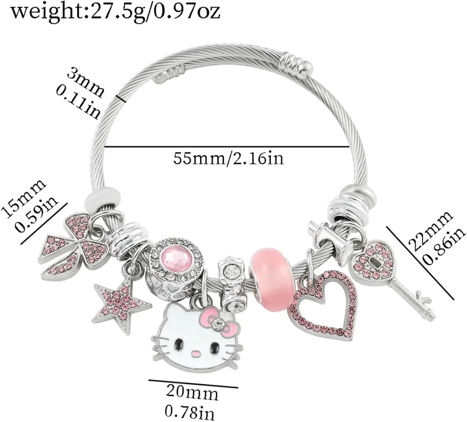 Hello Jewelry Bracelet Charms Braclet, Kawaii Pink Kitty Bangle Women Matching Accessories, for Teen Graduation Birthday Gifts Stuff