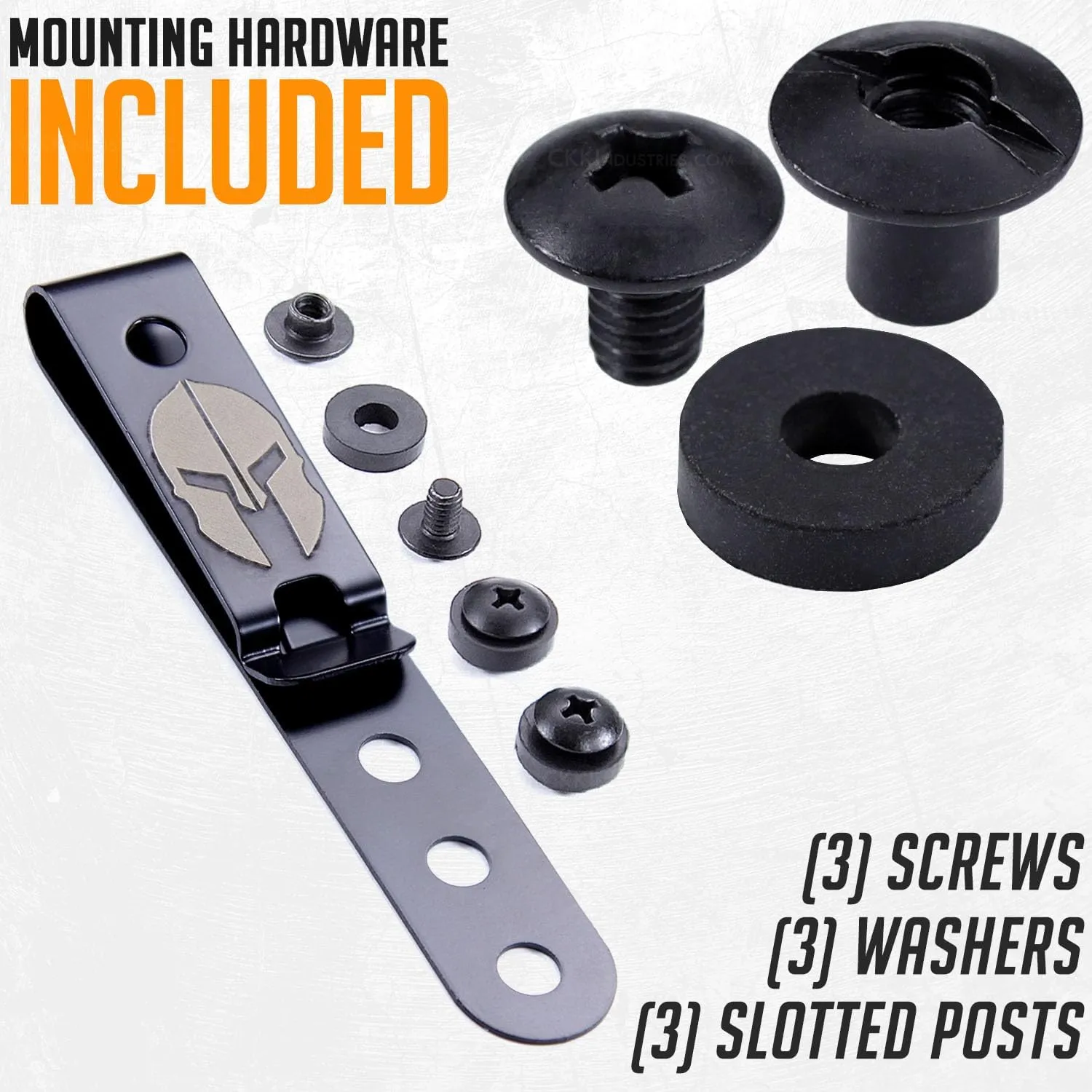 HolsterSmith Universal Metal Belt Clip for Holster Making - (Model 5) - (3-Hole) - (Tactical Black) - (w/Spartan Helmet Engraving) - (w/Mounting Hardware) - (1 Pack)