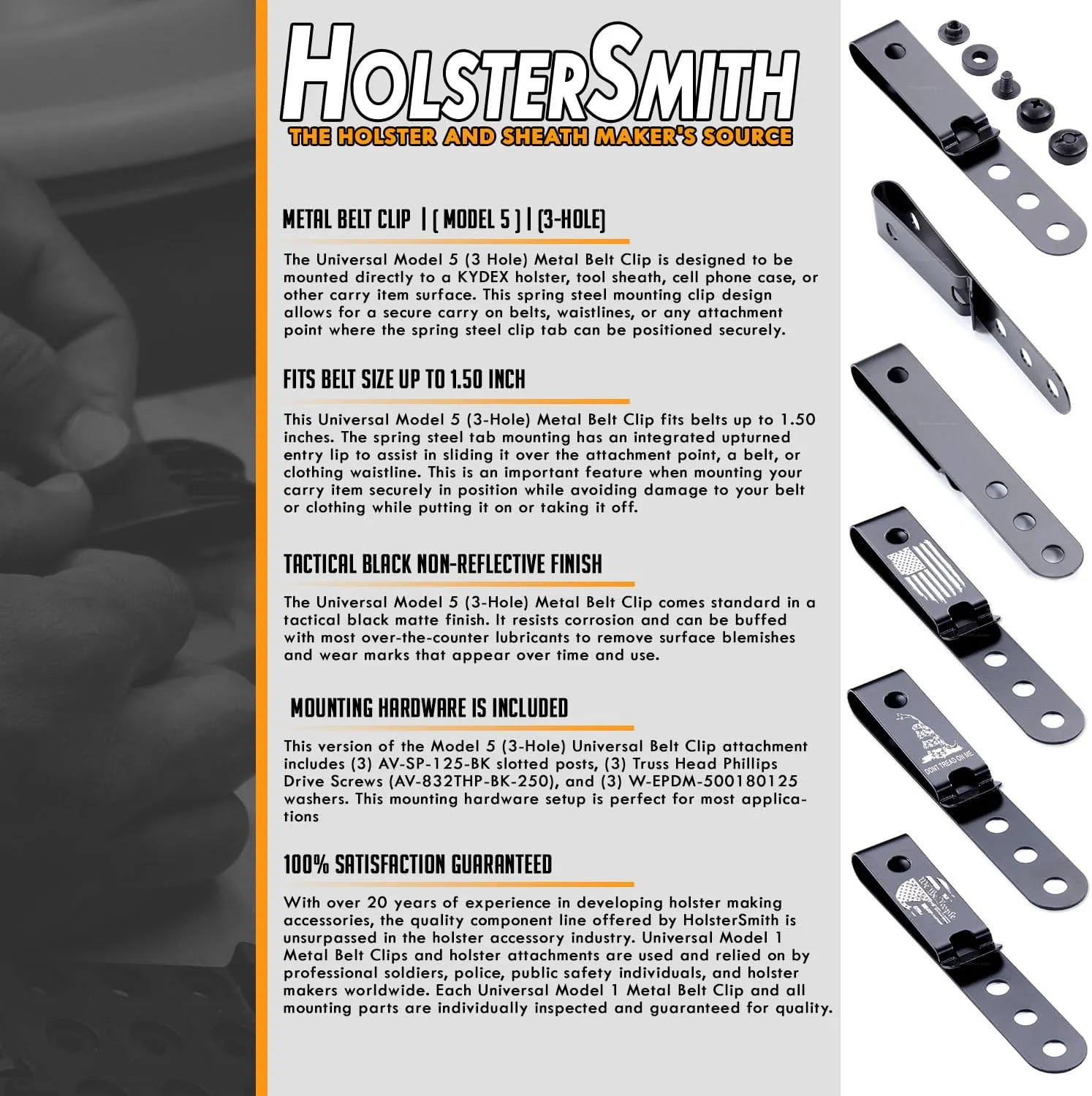 HolsterSmith Universal Metal Belt Clip for Holster Making - (Model 5) - (3-Hole) - (Tactical Black) - (w/Spartan Helmet Engraving) - (w/Mounting Hardware) - (1 Pack)
