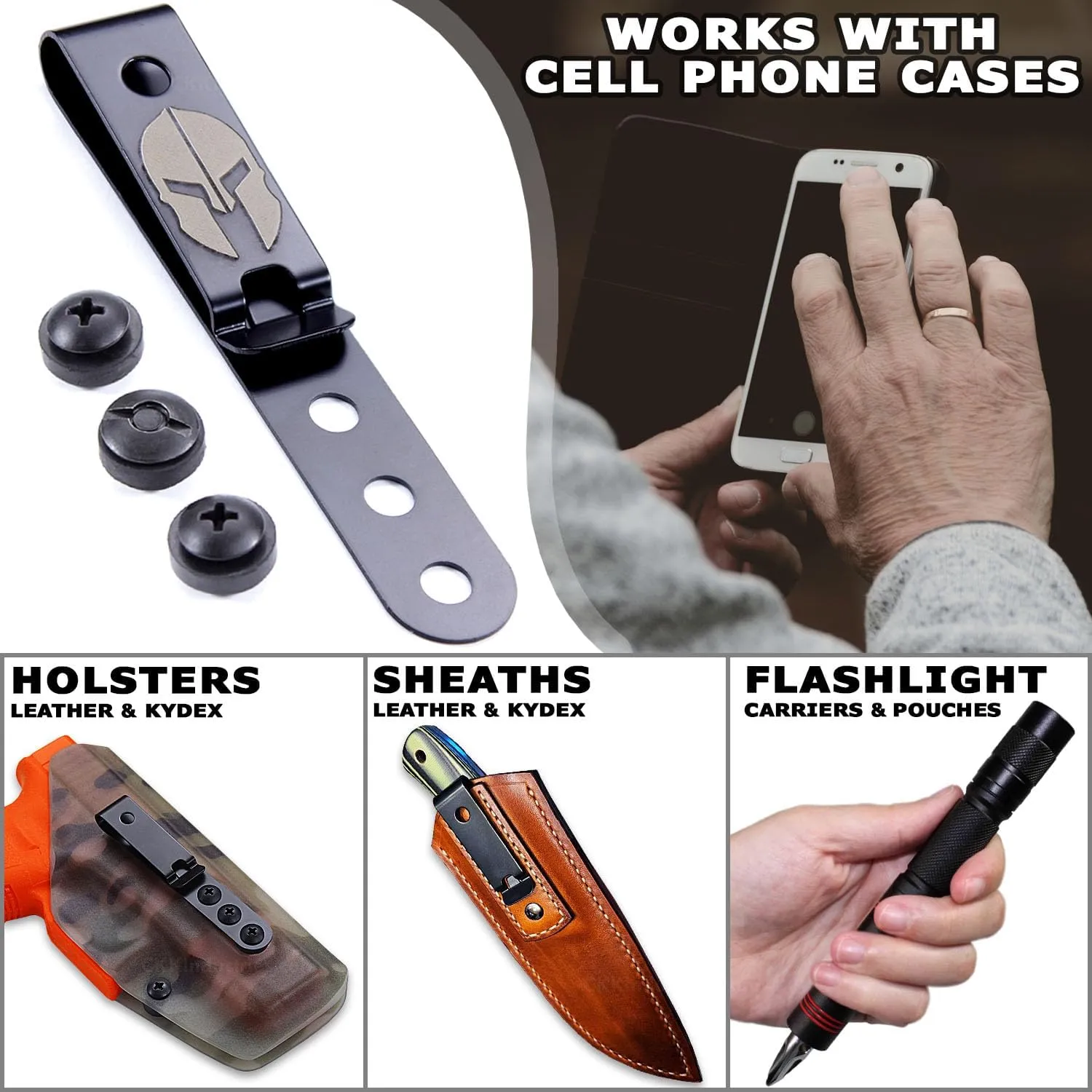 HolsterSmith Universal Metal Belt Clip for Holster Making - (Model 5) - (3-Hole) - (Tactical Black) - (w/Spartan Helmet Engraving) - (w/Mounting Hardware) - (1 Pack)