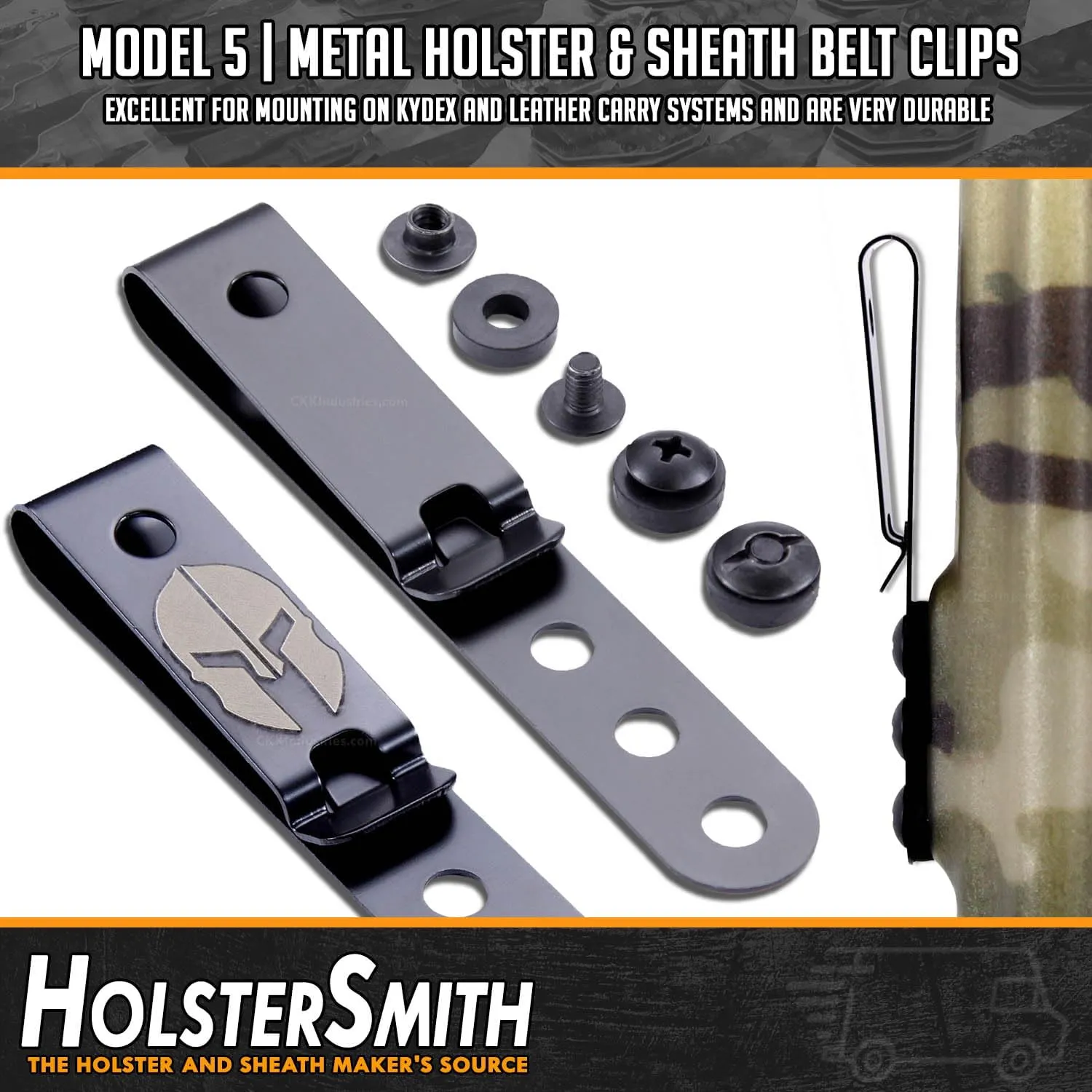 HolsterSmith Universal Metal Belt Clip for Holster Making - (Model 5) - (3-Hole) - (Tactical Black) - (w/Spartan Helmet Engraving) - (w/Mounting Hardware) - (1 Pack)