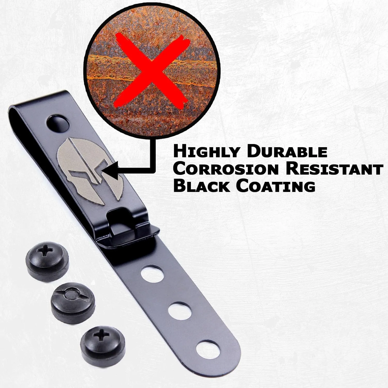 HolsterSmith Universal Metal Belt Clip for Holster Making - (Model 5) - (3-Hole) - (Tactical Black) - (w/Spartan Helmet Engraving) - (w/Mounting Hardware) - (1 Pack)