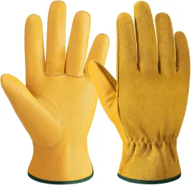 Leather Work Gloves for Men and Women, Reinforced Cowhide Gardening Gloves, Protective Garden Gloves for Welding, Construction, Wood Cutting, Large,1 Pair
