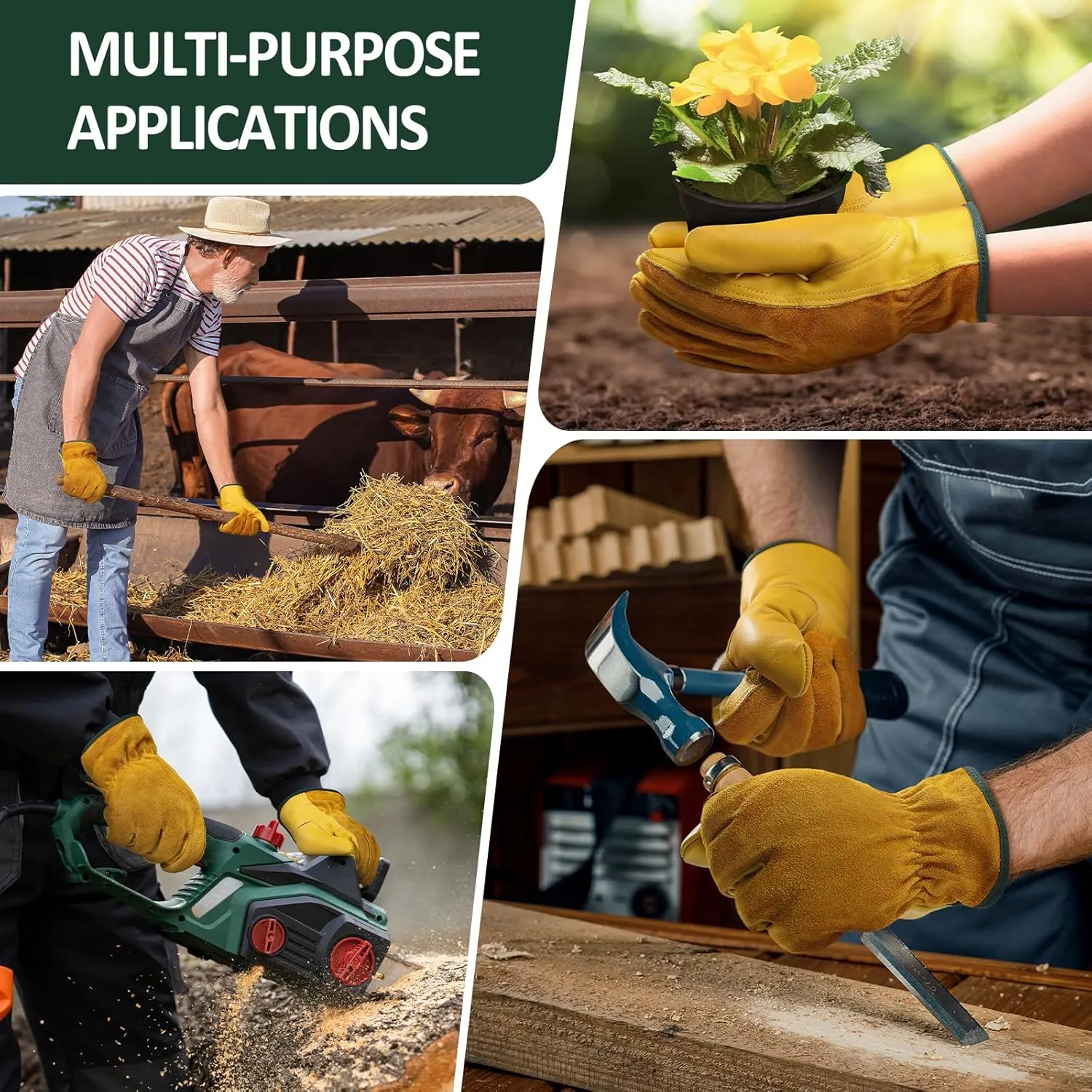 Leather Work Gloves for Men and Women, Reinforced Cowhide Gardening Gloves, Protective Garden Gloves for Welding, Construction, Wood Cutting, Large,1 Pair