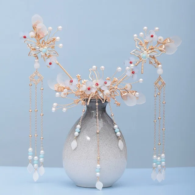 Luxury Fashion Bride style pearl tassel hairpin haircomb earrings set