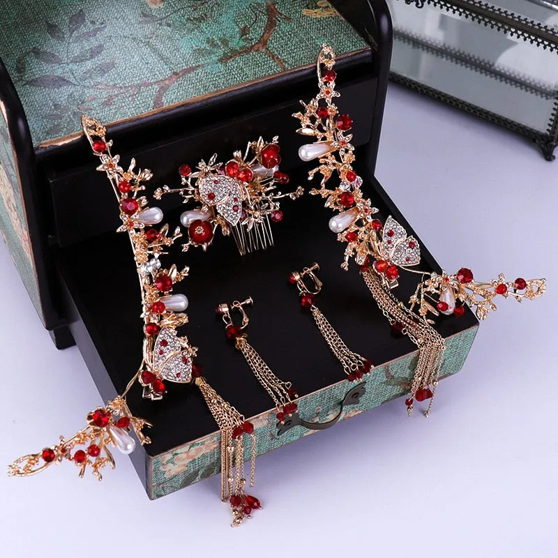 Luxury Fashion Bride style pearl tassel hairpin haircomb earrings set