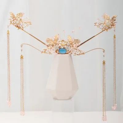 Luxury Fashion Bride style pearl tassel hairpin haircomb earrings set
