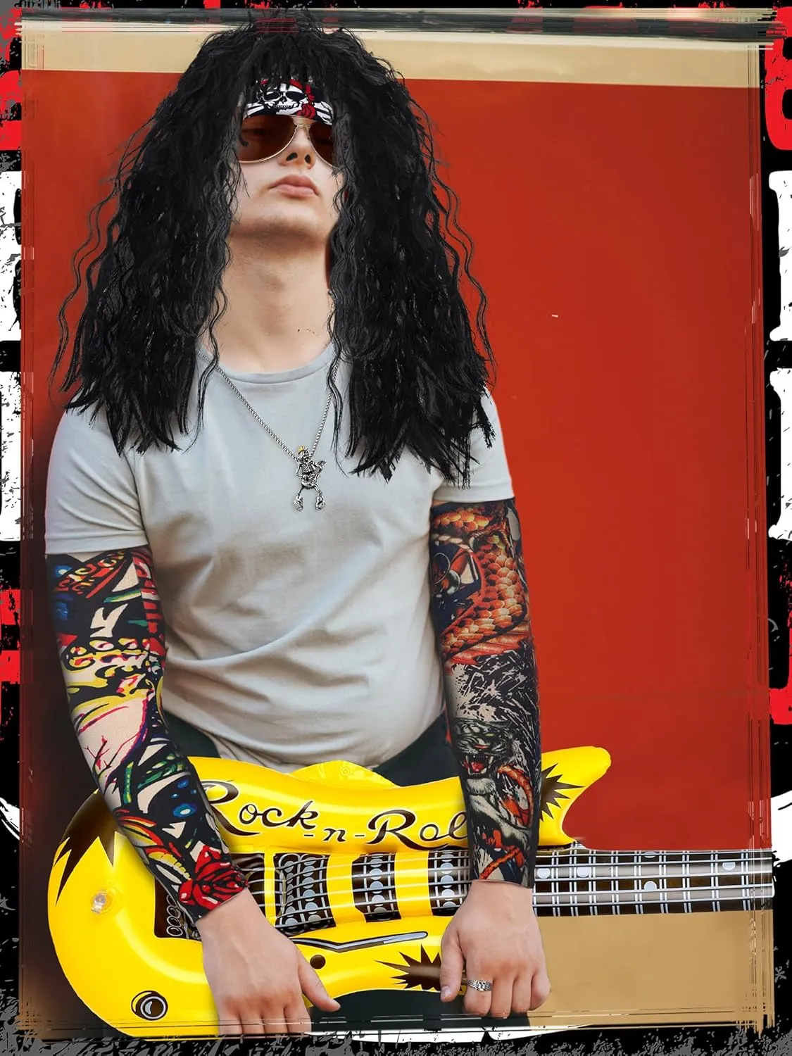 Mepase 9 Pcs Halloween Rocker Costume Set for Men Women, 80s Punk Costume Accessories for Halloween Cosplay Party