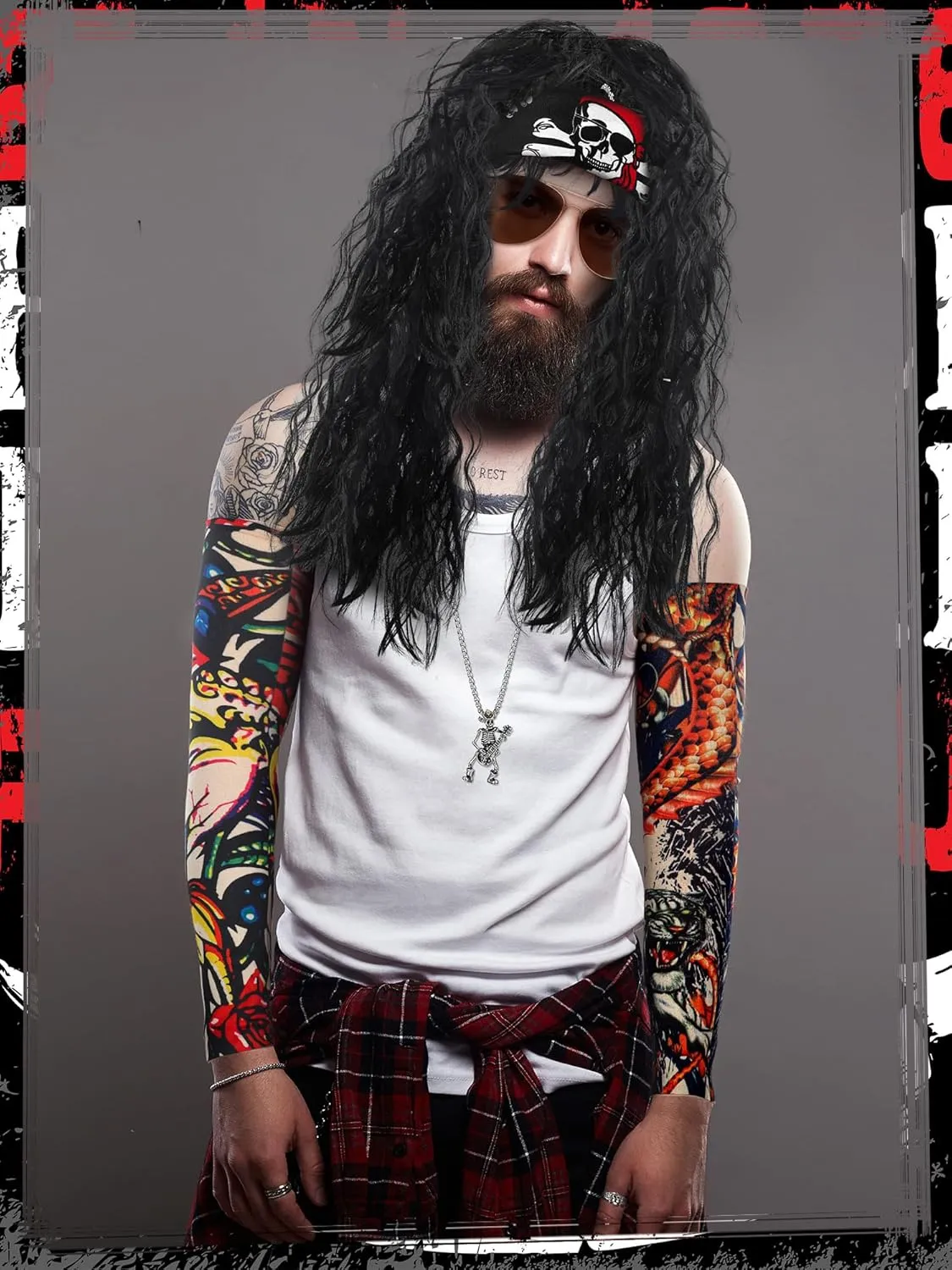 Mepase 9 Pcs Halloween Rocker Costume Set for Men Women, 80s Punk Costume Accessories for Halloween Cosplay Party
