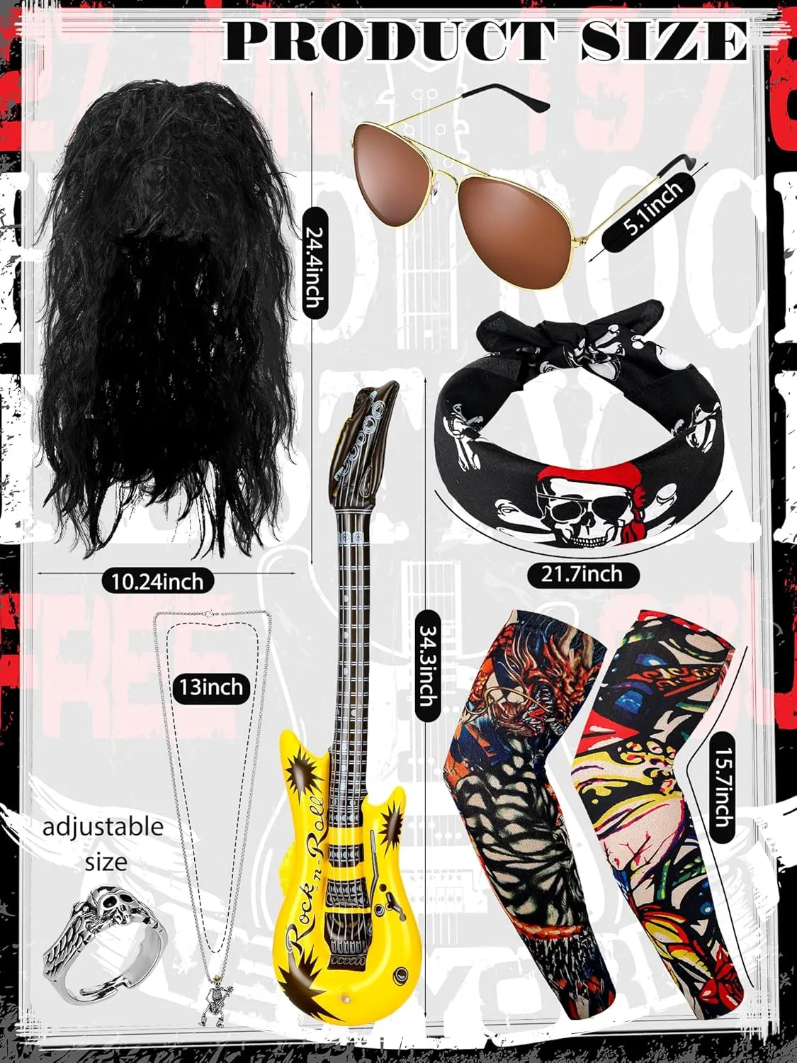 Mepase 9 Pcs Halloween Rocker Costume Set for Men Women, 80s Punk Costume Accessories for Halloween Cosplay Party