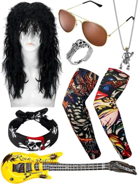 Mepase 9 Pcs Halloween Rocker Costume Set for Men Women, 80s Punk Costume Accessories for Halloween Cosplay Party