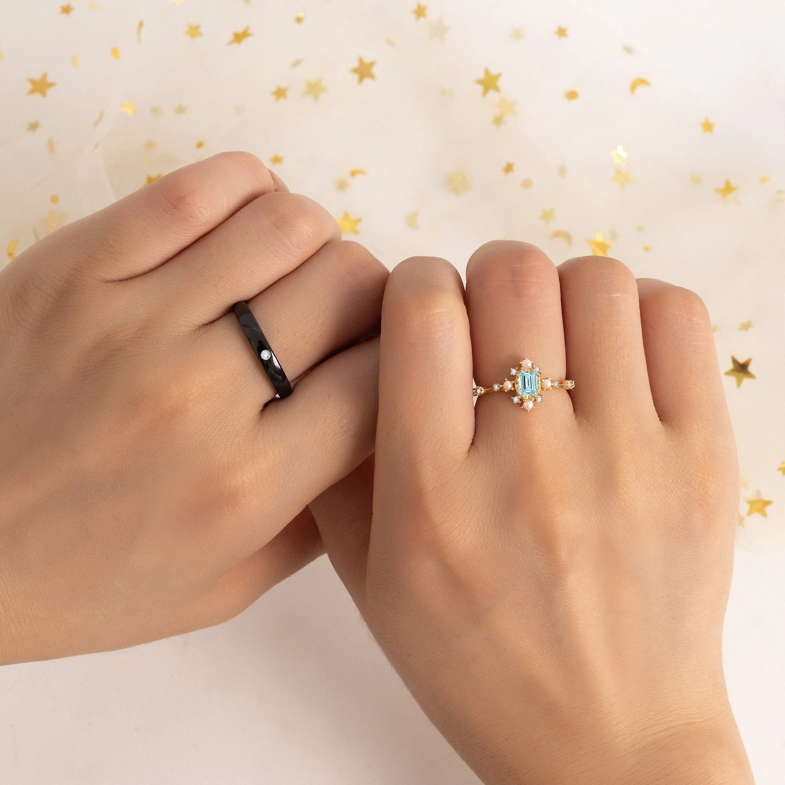 Natural Sky Blue Topaz 10k Gold Finish & Black Rhodium Plating Couple Ring Set