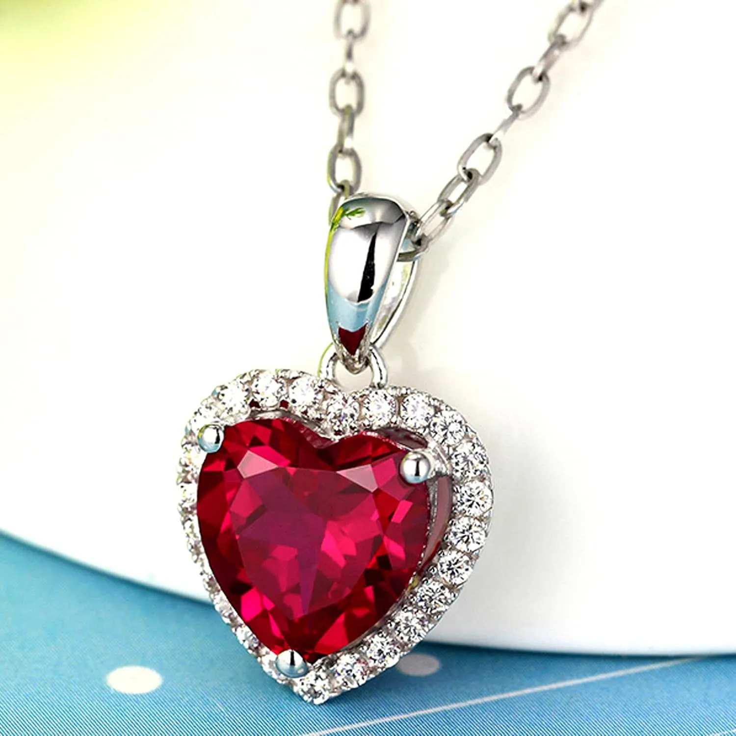 Navachi 925 Sterling Silver 18k White Gold Plated 3.7ct Heart Ruby or Emerald Necklace Pendant 16"