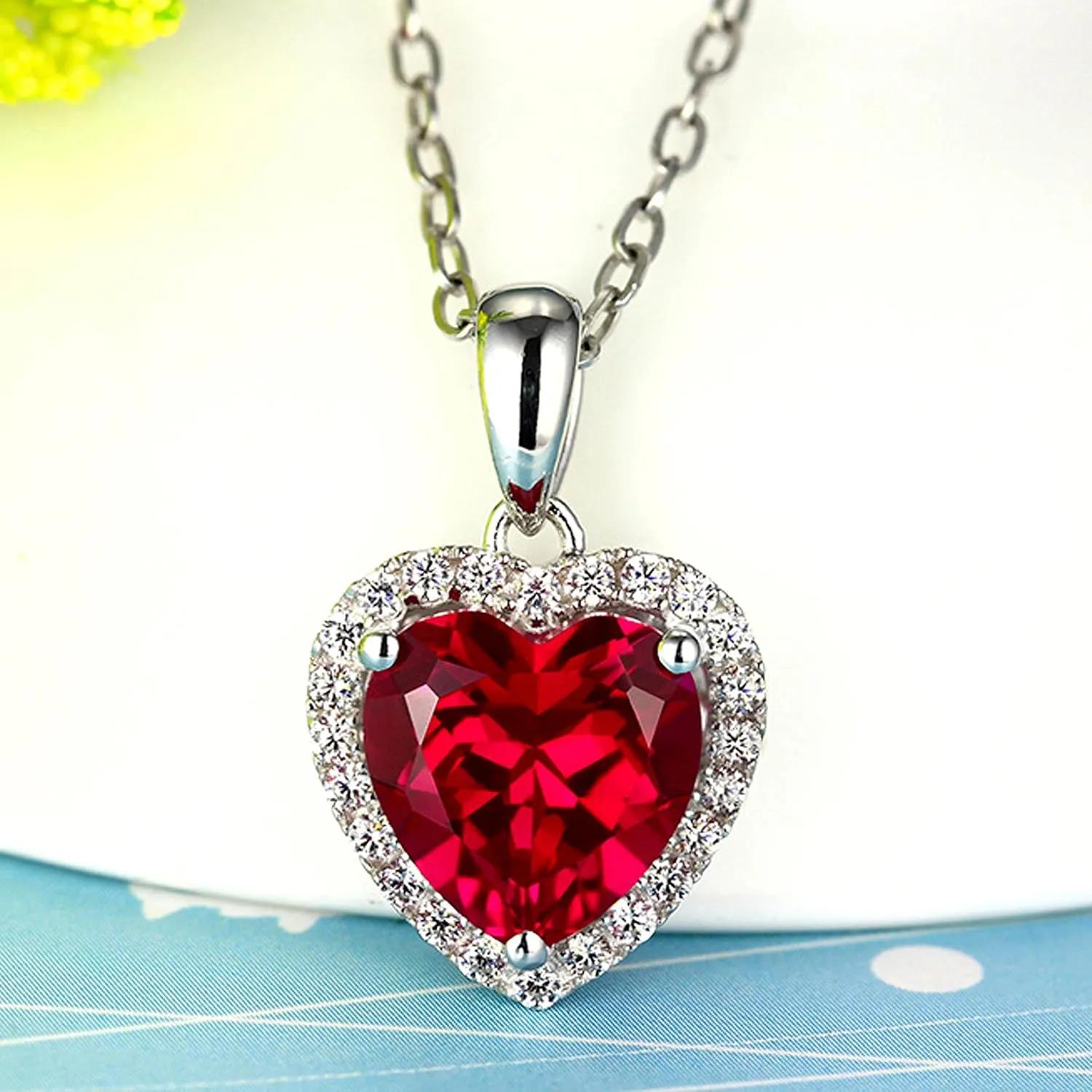 Navachi 925 Sterling Silver 18k White Gold Plated 3.7ct Heart Ruby or Emerald Necklace Pendant 16"